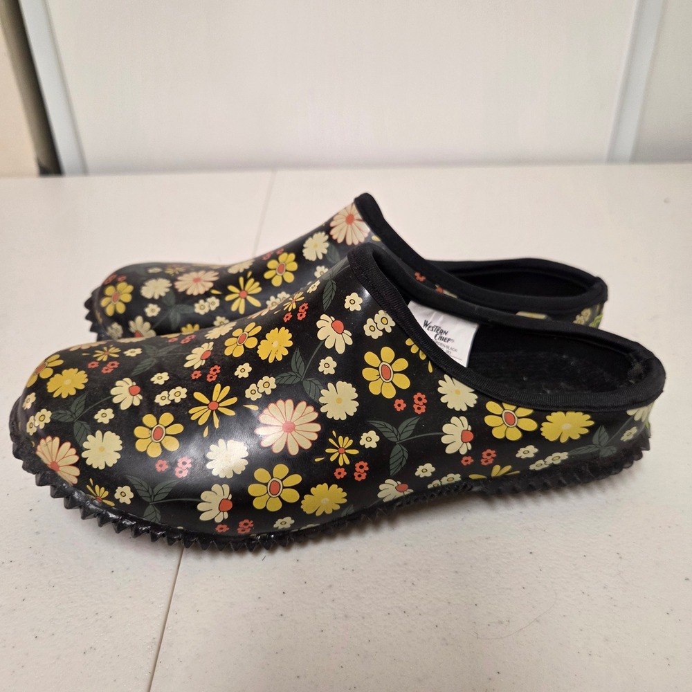 Western Chief Womens Petal Party Garden Black Floral Rubber Clogs Shoes Size 7